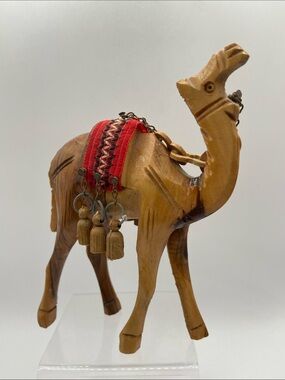 Vintage Hand-Carved Olive Wood Camel With Saddle Figurine Collectible Display